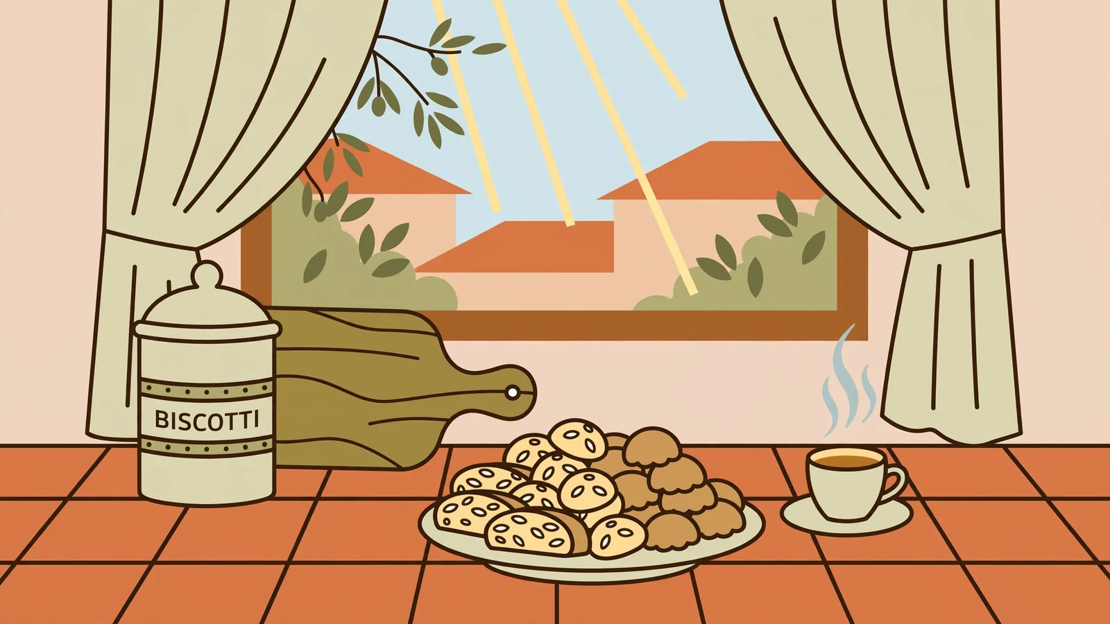 Piatto di biscotti italiani tradizionali e caffè su un tavolo di cucina in luce mattutina.