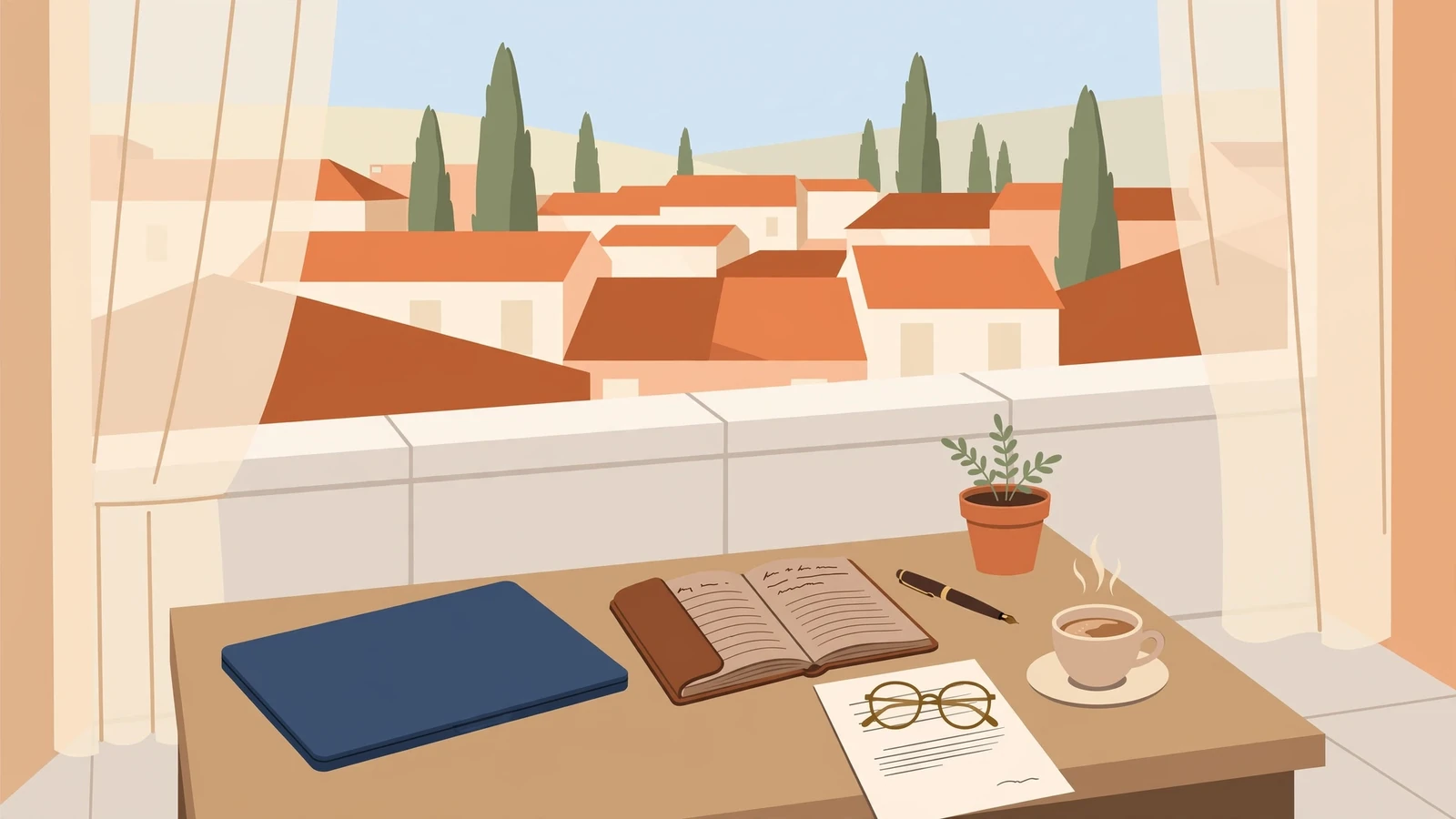 Scrittoio con documenti e tazzina di caffè su un balcone italiano affacciato sui tetti in terracotta.