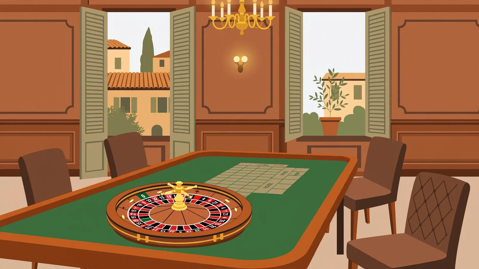 Ruota della roulette su tavolo verde in sala giochi