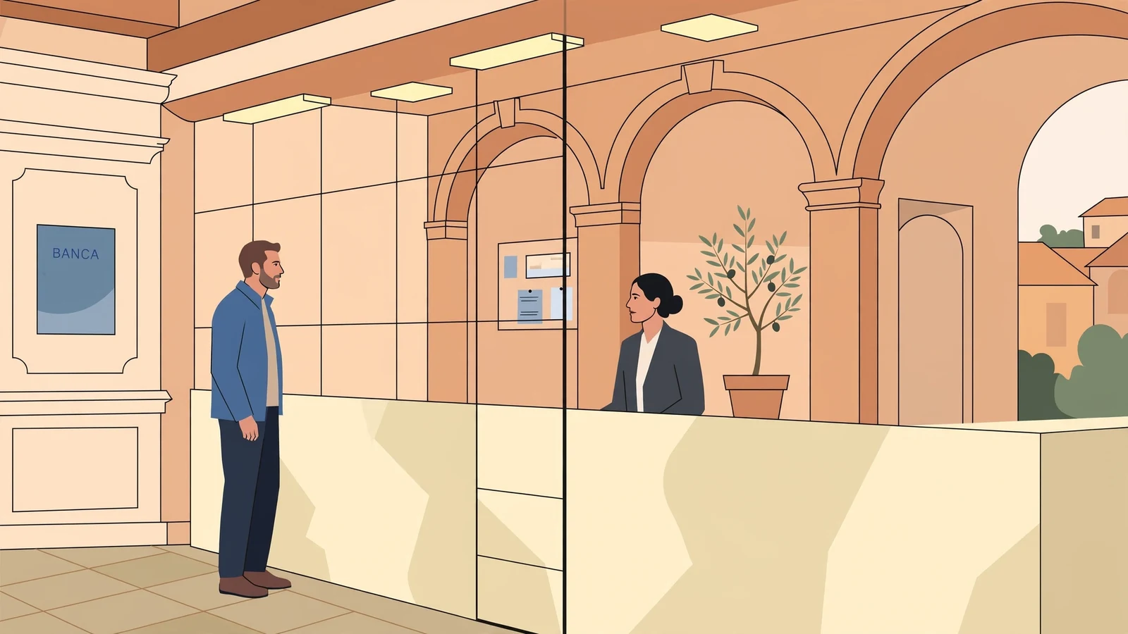 Cliente parla con impiegato allo sportello di una banca italiana