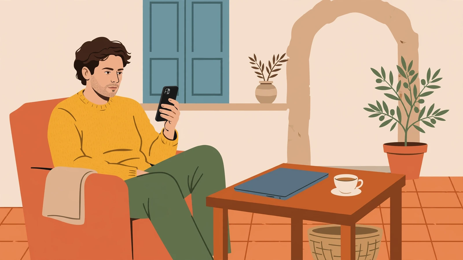 Persona controlla attentamente lo smartphone in soggiorno italiano