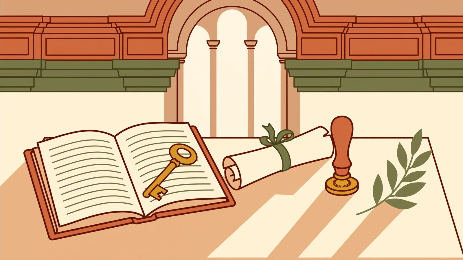 Chiave, libro e sigillo su un tavolo italiano, simbolo di tutela dei dati personali.