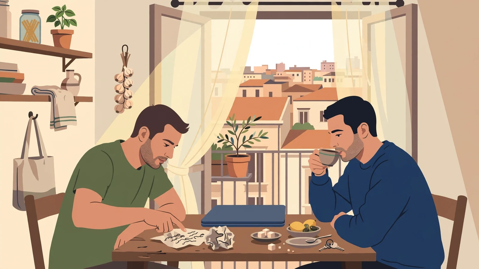 Due amici italiani discutono appunti a un tavolo di cucina a Napoli.